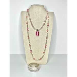 Beaded Pink Necklace, Pink Long Necklace, Silver Bracelet Jewelry Buy 3/$18